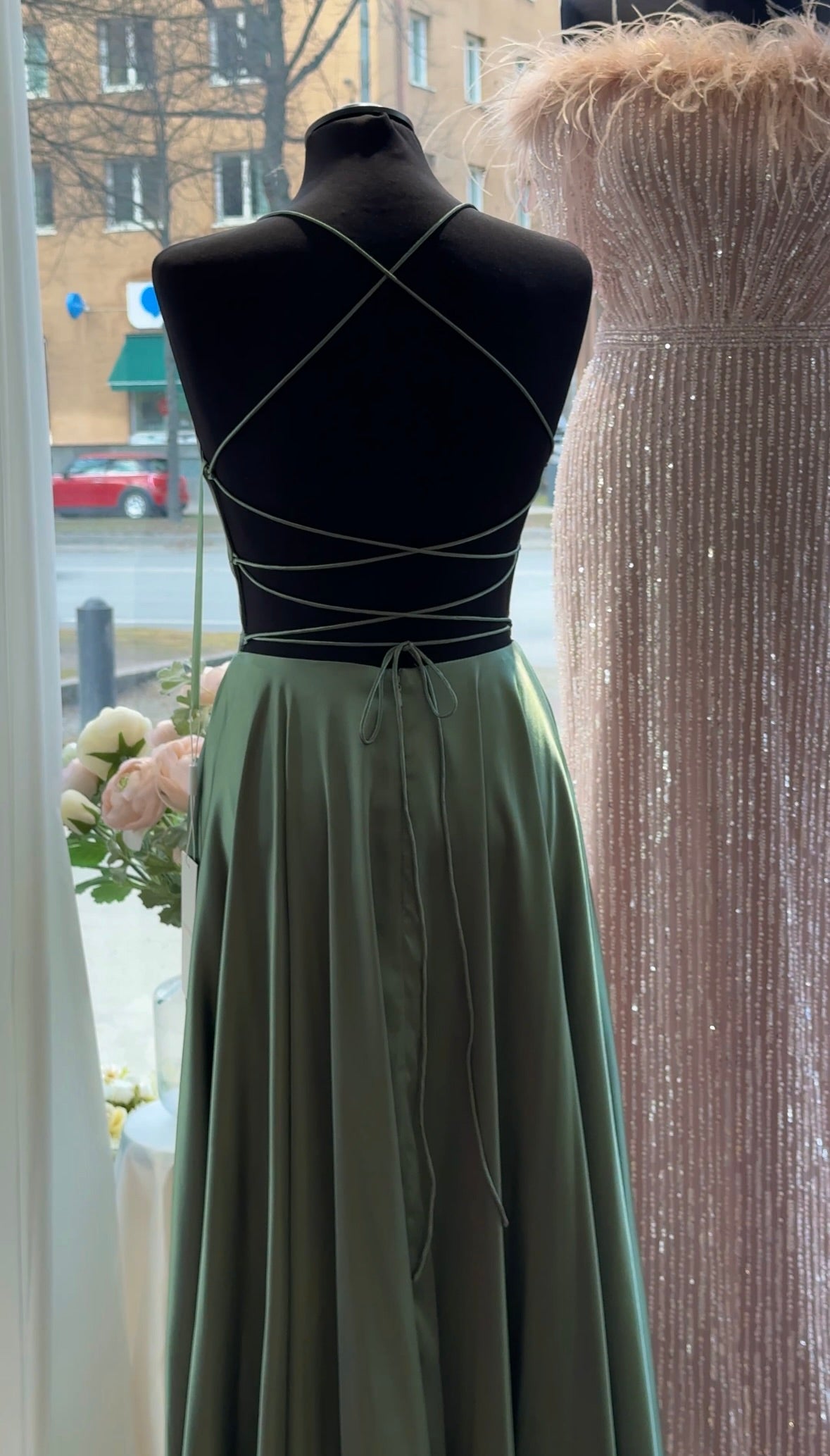 Ester Dress A-line Satin Prom dress in dark sage green  IvoryField.com
