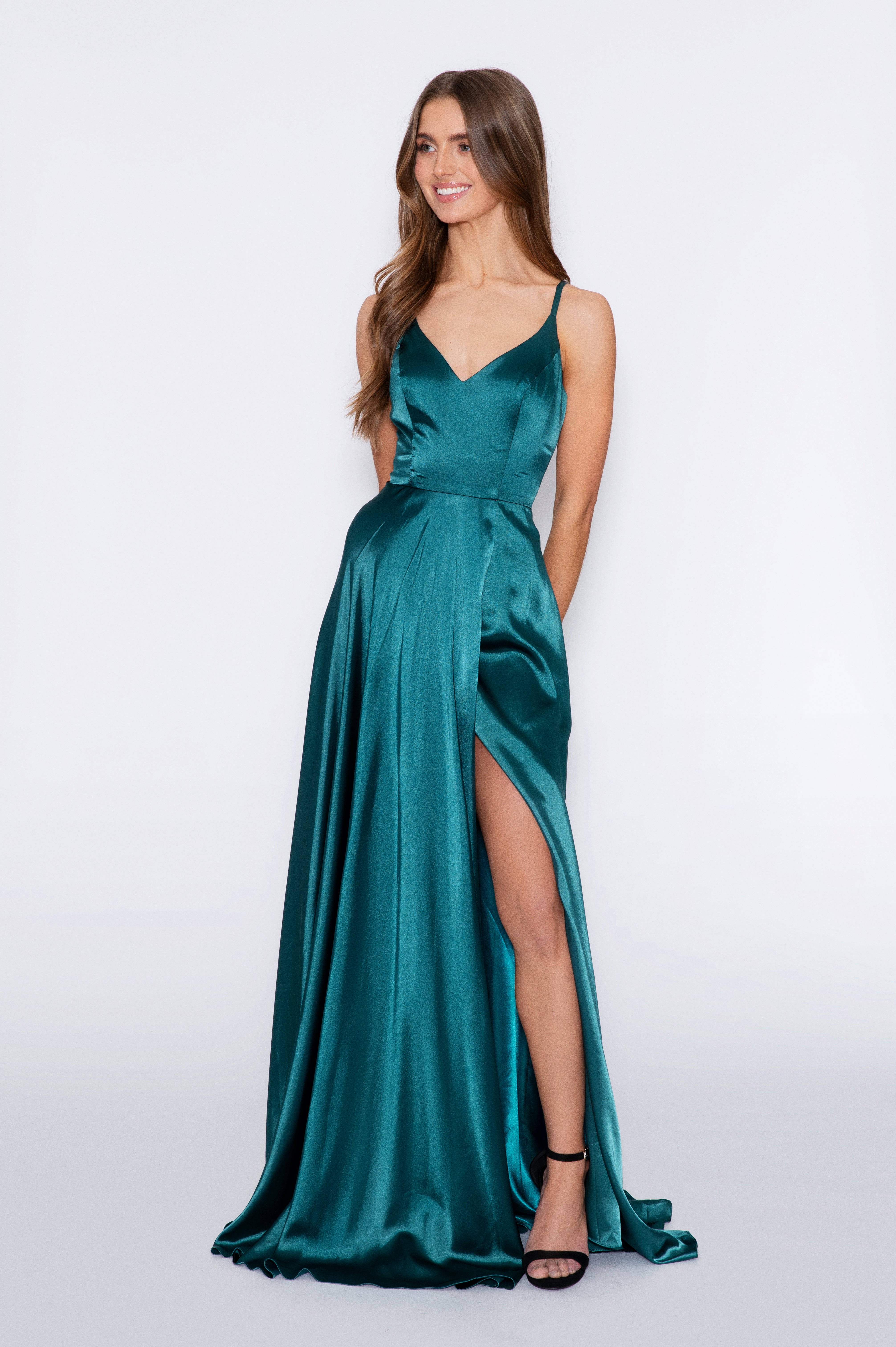 green satin long dress Blake Dress in Satin dark green color – IvoryField.com