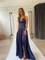 Stella Dress A-line Satin Prom dress in dark navy color with side slit