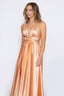 Satin Moa-Deep v Neckline Maxi Dress in Sunny peach color