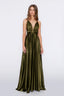 Satin Moa-Open Back Deep v Neckline Maxi Dress in Dark Olive color