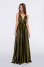 Satin Moa-Open Back Deep v Neckline Maxi Dress in Dark Olive color