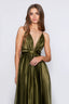 Satin Moa-Open Back Deep v Neckline Maxi Dress in Dark Olive color