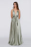 Satin Moa-Open Back Deep v Neckline Maxi Dress in sage color