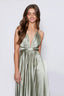 Satin Moa-Open Back Deep v Neckline Maxi Dress in sage color